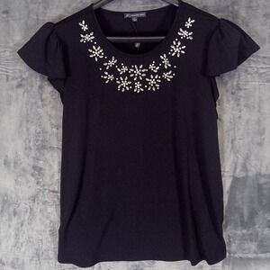 Adrianna Papell Shirt Womens Large Black Embellished Neckline Knit Flutter